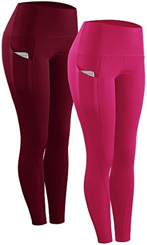 NELEUS 2 Pack Tummy Control High Waist Running Workout Leggings, Red, Rose Red
