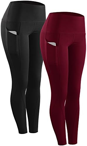 Neleus 2 Pack Tummy Control High Waist Running Workout Leggings, 2 Pack, Black, Red