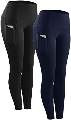 NELEUS 2 Pack Tummy Control High Waist Running Workout Leggings, Black, Navy Blue