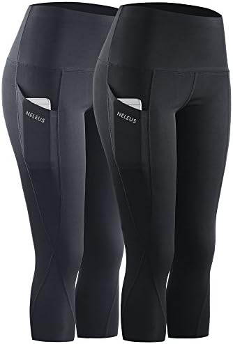 NELEUS 2 Pack Tummy Control High Waist Workout Yoga Capri Leggings Yoga Pants, Black, Grey