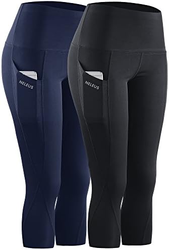 NELEUS 2 Pack Tummy Control High Waist Workout Yoga Capri Leggings Yoga Pants, Black, Navy Blue
