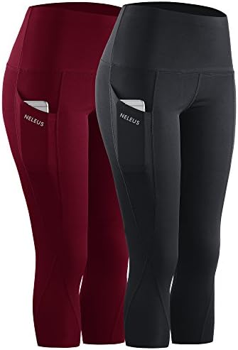 NELEUS 2 Pack Tummy Control High Waist Workout Yoga Capri Leggings Yoga Pants, Black, Dark red