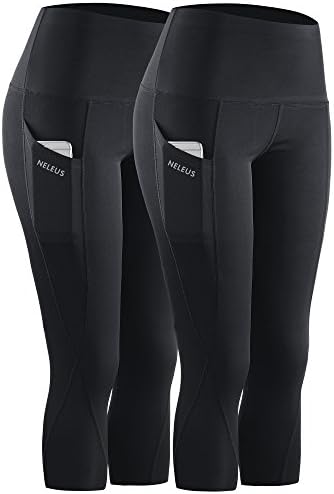 NELEUS 2 Pack Tummy Control High Waist Workout Yoga Capri Leggings Yoga Pants, Black