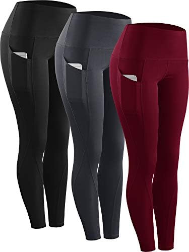 NELEUS 3 Pack Tummy Control High Waist Running Workout Leggings, Black, Grey, Red