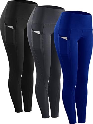 NELEUS 3 Pack Tummy Control High Waist Running Workout Leggings, Black, Grey, Blue