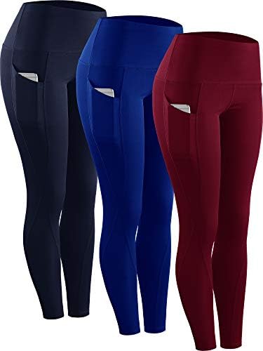 NELEUS 3 Pack Tummy Control High Waist Running Workout Leggings, Blue, Navy, Red