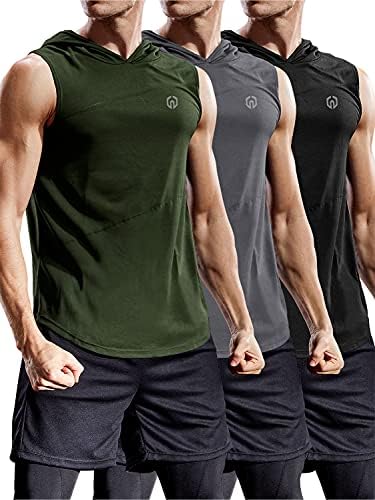 NELEUS 3 Pack Workout Athletic Gym Muscle Tank Top with Hoods, Black, Grey, Olive Green