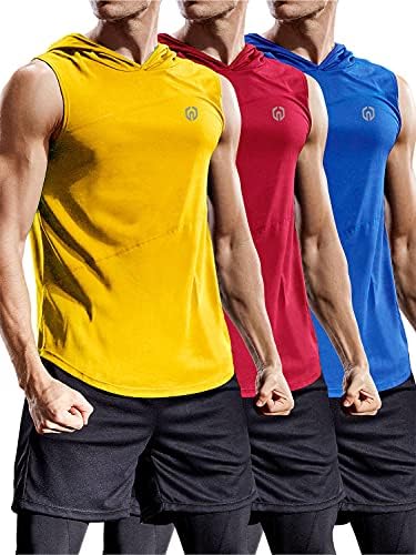 NELEUS 3 Pack Workout Athletic Gym Muscle Tank Top with Hoods, Blue, Red, Yellow