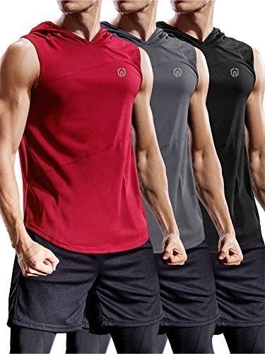 NELEUS 3 Pack Workout Athletic Gym Muscle Tank Top with Hoods, Black, Grey, Red