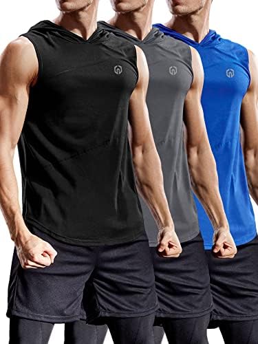 NELEUS 3 Pack Workout Athletic Gym Muscle Tank Top with Hoods, Black, Blue, Grey