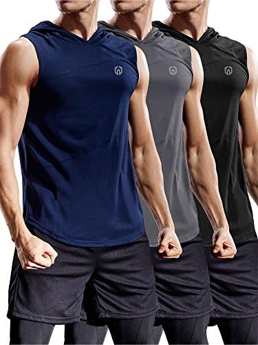 NELEUS 3 Pack Workout Athletic Gym Muscle Tank Top with Hoods, Black, Grey, Navy Blue