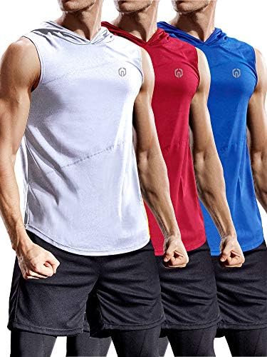 NELEUS 3 Pack Workout Athletic Gym Muscle Tank Top with Hoods, Blue, Red, White
