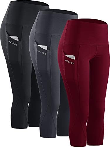 NELEUS 3 Pack Workout Running Capris Tummy Control High Waist Yoga Leggings Yoga Pants, Black, Grey, Dark red