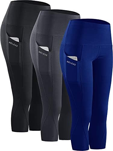 NELEUS 3 Pack Workout Running Capris Tummy Control High Waist Yoga Leggings Yoga Pants, Black, Grey, Blue