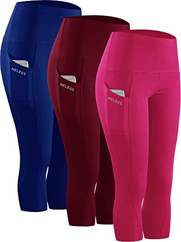 NELEUS 3 Pack Workout Running Capris Tummy Control High Waist Yoga Leggings Yoga Pants, Dark red, Blue, Rose red