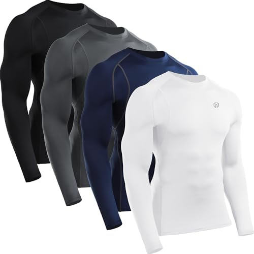 NELEUS 4 Pack Men's Workout Shirts Compression Dry Fit Long Sleeve Shirts, Crew Neck, Black, Grey, Navy, White