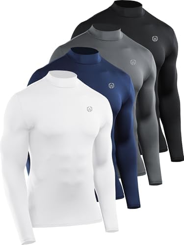 NELEUS 4 Pack Men's Workout Shirts Compression Dry Fit Long Sleeve Shirts, Mock Neck, Black, Grey, Navy, White