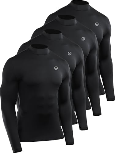 NELEUS 4 Pack Men's Workout Shirts Compression Dry Fit Long Sleeve Shirts, Mock Neck, Black, Black, Black, Black