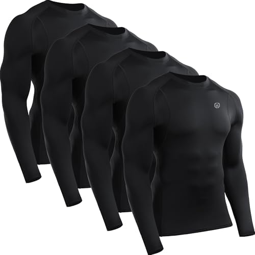 NELEUS 4 Pack Men's Workout Shirts Compression Dry Fit Long Sleeve Shirts, Crew Neck, Black, Black, Black, Black
