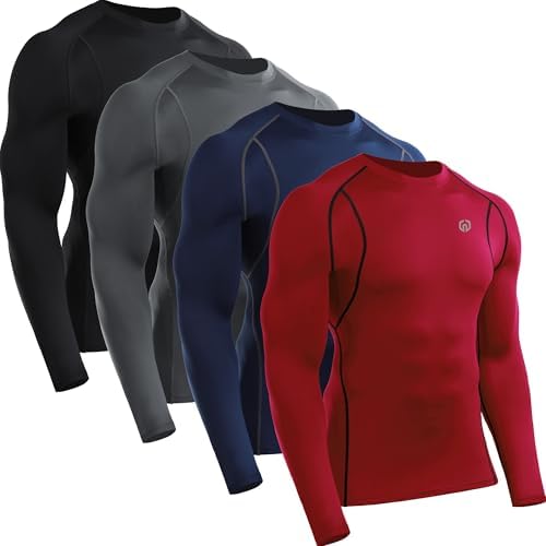 NELEUS 4 Pack Men's Workout Shirts Compression Dry Fit Long Sleeve Shirts, Crew Neck, Black, Grey, Navy, Red