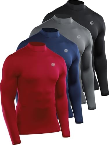 NELEUS 4 Pack Men's Workout Shirts Compression Dry Fit Long Sleeve Shirts, Mock Neck, Black, Grey, Navy, Red