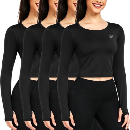 NELEUS 4 Pack Women's Long Sleeve Crop Tops Atheltic Shirts with Thumbhole, Black