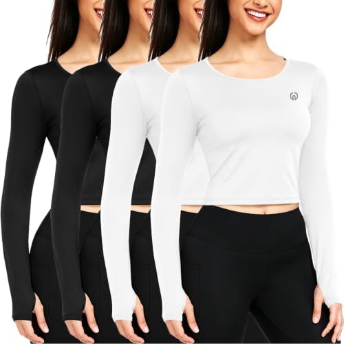 NELEUS 4 Pack Women's Long Sleeve Crop Tops Atheltic Shirts with Thumbhole, 2*Black, 2*White