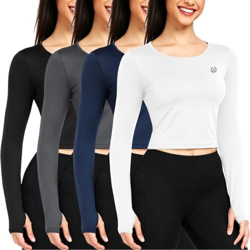 NELEUS 4 Pack Women's Long Sleeve Crop Tops Atheltic Shirts with Thumbhole, Black, Grey, Navy Blue, White, Large