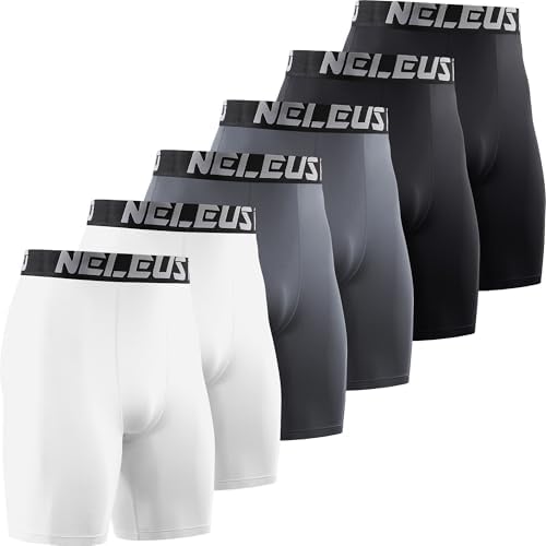 NELEUS 6 Pack Compression Shorts for Men Spandex Sport Shorts Running Athletic Workout Performance Baselayer Underwear, Black (2Pcs), Grey(2Pcs), White (2 Pcs)