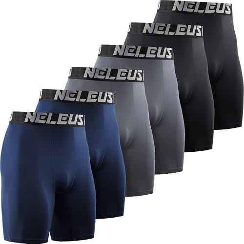 NELEUS 6 Pack Compression Shorts for Men Spandex Sport Shorts Running Athletic Workout Performance Baselayer Underwear, Black (2Pcs), Grey(2Pcs), Navy Blue (2 Pcs)