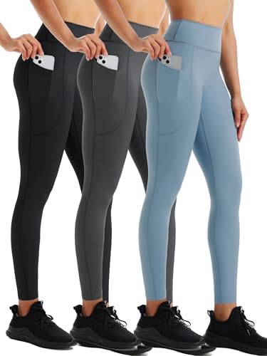 NELEUS High Waist Buttery Soft Tummy Control Yoga Pants Running Workout Leggings, Black/Grey/Light Steel Blue, 3 Pack