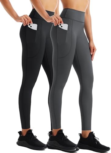 NELEUS High Waist Buttery Soft Tummy Control Yoga Pants Running Workout Leggings, Black/Grey, 2 Pack