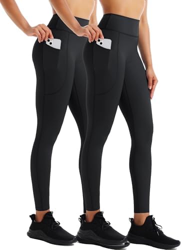 NELEUS High Waist Buttery Soft Tummy Control Yoga Pants Running Workout Leggings, Black/Black, 2 Pack