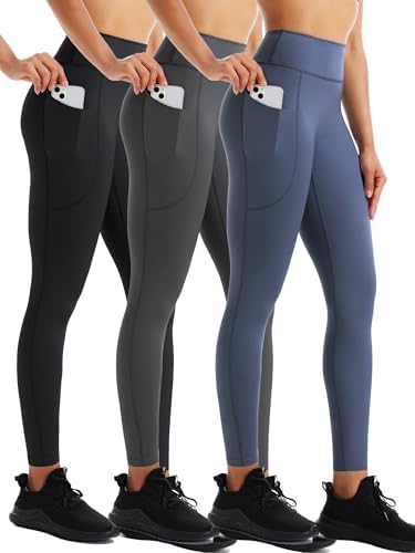NELEUS High Waist Buttery Soft Tummy Control Yoga Pants Running Workout Leggings, Black/Grey/Navy Blue, 3 Pack