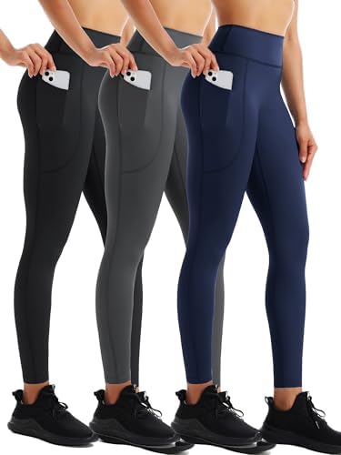 NELEUS High Waist Buttery Soft Tummy Control Yoga Pants Running Workout Leggings, Black/Grey/Dark Navy, 3 Pack