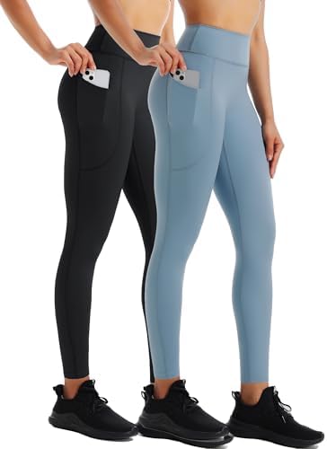NELEUS High Waist Buttery Soft Tummy Control Yoga Pants Running Workout Leggings, 2 Pack, Black/LightSteel Blue