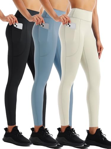 NELEUS High Waist Buttery Soft Tummy Control Yoga Pants Running Workout Leggings, 3 Pack, Black/Light Steel Blue/Ivory