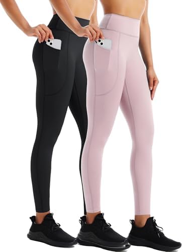 NELEUS High Waist Buttery Soft Tummy Control Yoga Pants Running Workout Leggings, 2 Pack, Black/Lavender Blush