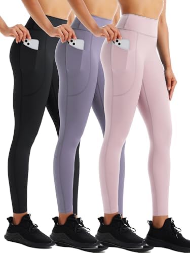 NELEUS High Waist Buttery Soft Tummy Control Yoga Pants Running Workout Leggings, 3 Pack, Black/Light Purple/Lavender Blush