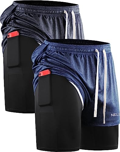 NELEUS Men's 2 in 1 Athletic Running Shorts with Liner and Pockets, Dark Grey(Black), Dark Blue, 2 Pack