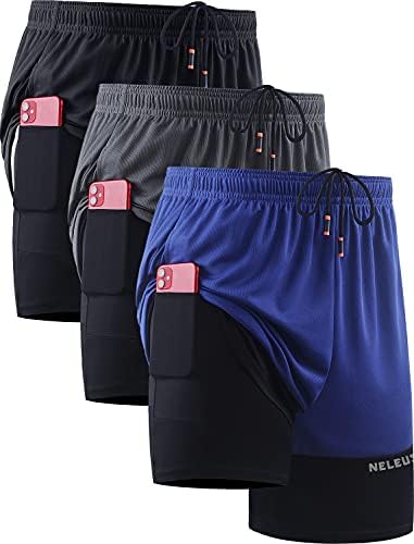NELEUS Men's 2 in 1 Running Shorts with Liner, Dry Fit Mesh Gym Workout Shorts with Pockets, 3 Pack, Black/Grey/Blue