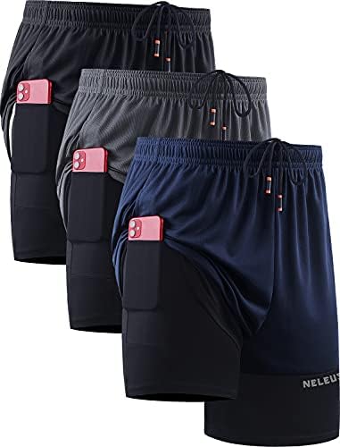 NELEUS Men's 2 in 1 Running Shorts with Liner, Dry Fit Mesh Gym Workout Shorts with Pockets, 3 Pack, Black/Grey/Navy Blue