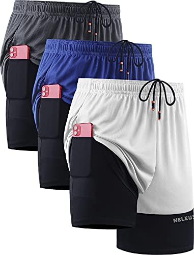 NELEUS Men's 2 in 1 Running Shorts with Liner, Dry Fit Mesh Gym Workout Shorts with Pockets, 3 Pack, White/Grey/Blue