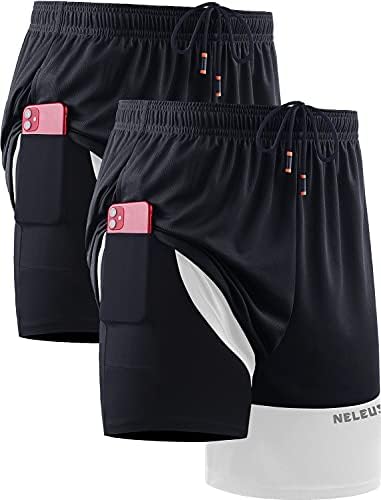 NELEUS Men's 2 in 1 Running Shorts with Liner, Dry Fit Mesh Gym Workout Shorts with Pockets, 2 Pack, Black/Black, 2 Pack