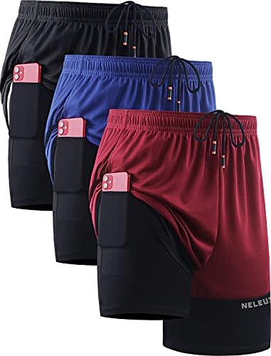 NELEUS Men's 2 in 1 Running Shorts with Liner, Dry Fit Mesh Gym Workout Shorts with Pockets, 3 Pack, Black/Red/Blue