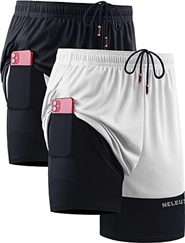NELEUS Men's 2 in 1 Running Shorts with Liner, Dry Fit Mesh Gym Workout Shorts with Pockets, 2 Pack, Black/White, 2 Pack