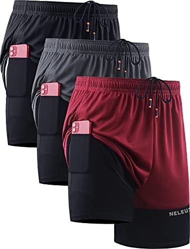 NELEUS Men's 2 in 1 Running Shorts with Liner, Dry Fit Mesh Gym Workout Shorts with Pockets, 3 Pack, Black/Grey/Red