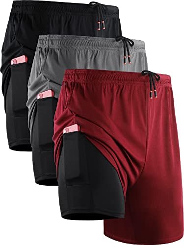 NELEUS Men's 2 in 1 Running Shorts with Liner, Dry Fit Workout Shorts with Pockets, 3 Pack, Black/Grey/Red, X-Large