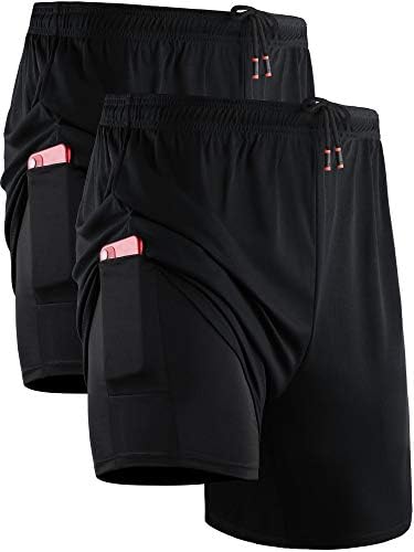 NELEUS Men's 2 in 1 Running Shorts with Liner, Dry Fit Workout Shorts with Pockets, 2 Pack, Black/Black