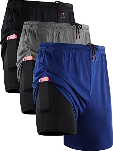 NELEUS Men's 2 in 1 Running Shorts with Liner, Dry Fit Workout Shorts with Pockets, 3 Pack, Black/Grey/Blue